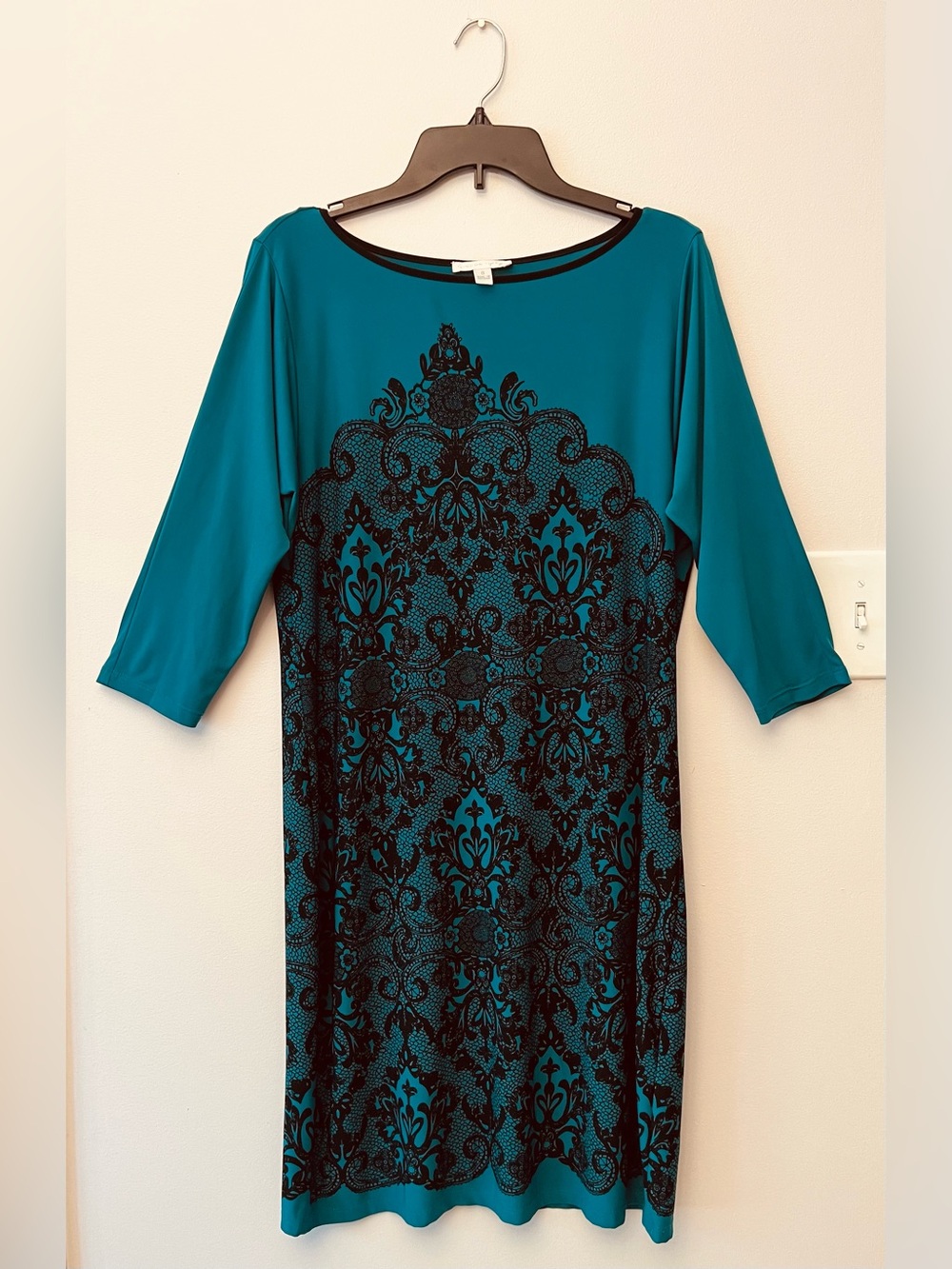 London Times Teal Color Black Lace Print Midi Dress 3/4 Sleeve 8 EUC